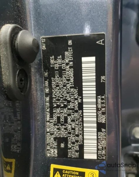 2012 Toyota Highlander Base from USA, damaged, VIN 5TDBK3EH2CS147246